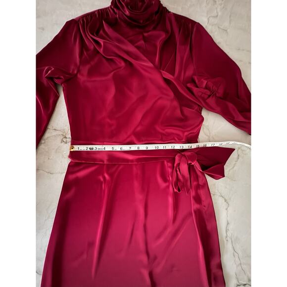 Alexia Admor Dress Sz 8 Red Satin Maxi Faux Wrap Belted High Neck Long Sleeve - Picture 8 of 13